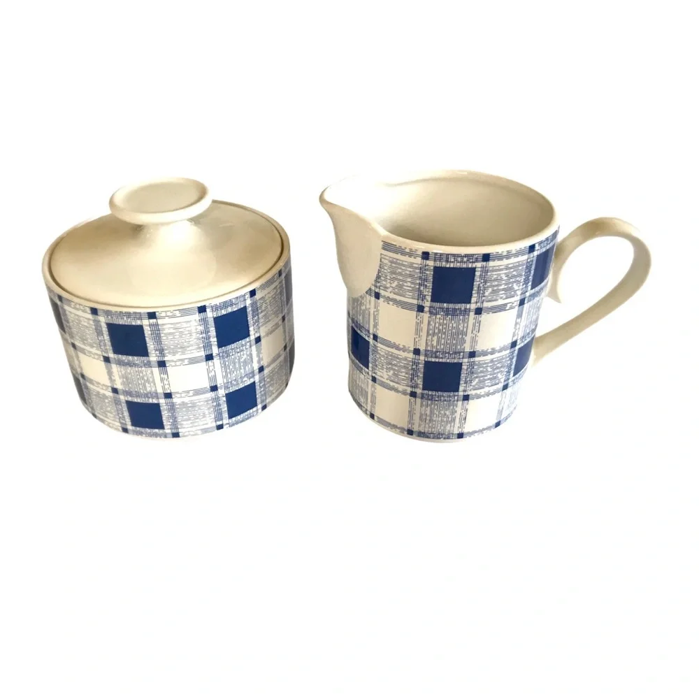 Vintage MCM Stoneware Cream & Sugar Set Japan Blue  Plaid